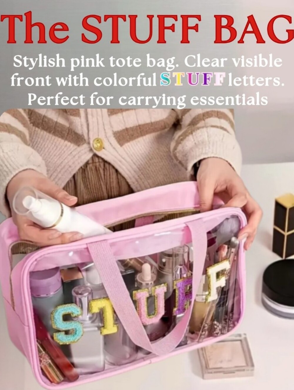The STUFF Bag Pink Clear Large Travel Tote Rainbow Letters Makeup Meds Misc NEW